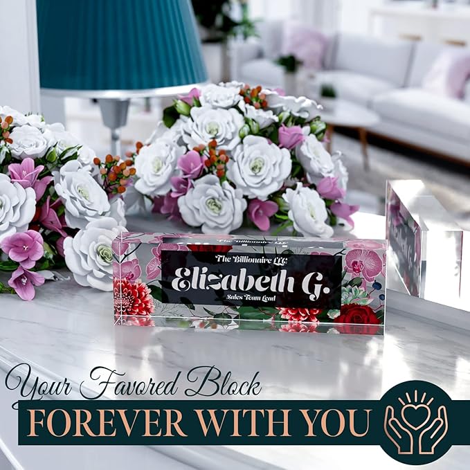 Desk Name Plate Personalized, Custom Name Plates, 2½/x8 Inches, Thick Crystal-Clear Acrylic, Gift Box, Office Desk Decor. USA Made by ACRYLUXE (Spring)