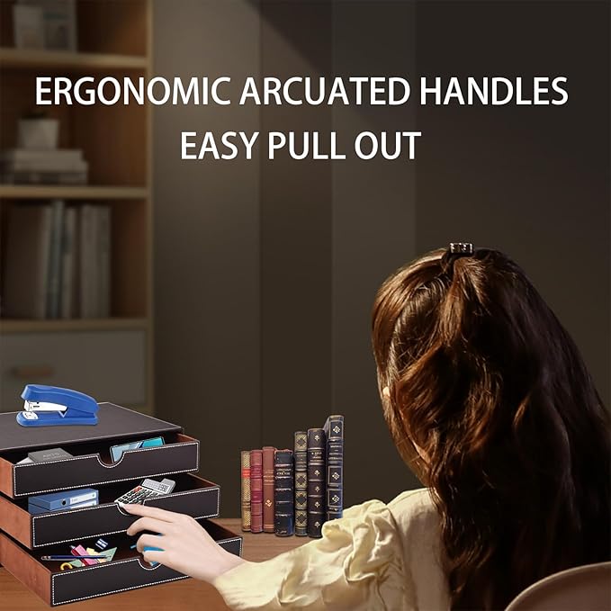 PU Leather Desk Organizer with 3 Drawers,Executive Office Supplies Desktop Filing A4 File Cabinet/Holder for Jewelry/Bill/Paper/Documents/Makeup Home Decor Stationery Storage Box,Brown