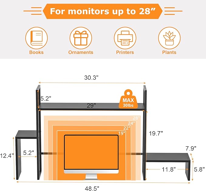 WelFurGeer LED Desk Shelf Organizer with RGB Light Strip, 2-Tier Desktop Shelf for Computer Monitor, Sturdy Metal Frame & Wood Shelves - Desk Hutch Bookshelf for Home Office, Dorm, Gaming (Black)