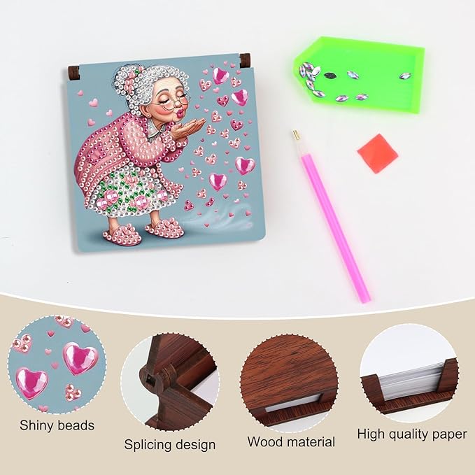 Wooden DIY Cute Old Lady Diamond Art Notecard Box – DIY Gem Art Sticky Note Holder for Adults 160 Sheets Memo Pad Storage