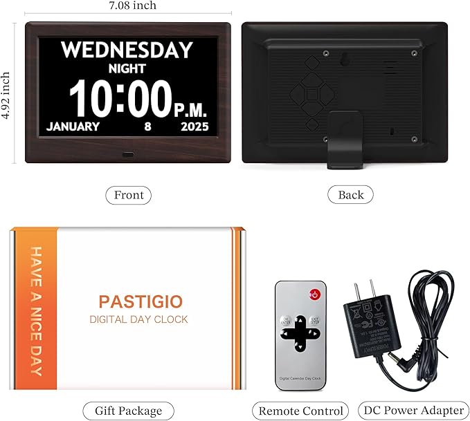 7'' Digital Clocks, 12 Reminders & 6 Alarms, Dementia Clock with Date and Time for Elderly, Auto-Dimming, Button & Remote Control, Auto DST, Digital Calendar for Seniors Large Display, Brown Woodgrain