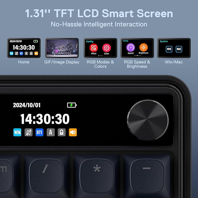 Redragon K761 Wireless Gasket Gaming Keyboard w/Hype Screen & Knob, 104 Keys Mechanical Keyboard, Easy-Control 1.14’’ TFT Info Display, 5-Layer Noise Dampening, Custom Linear Switch, Abyssal Blue