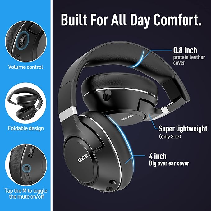 COOSII Wireless Bluetooth Headsets with Microphone for Computer, Headphone Foldable Over Ear Soft 40H with Retractable Mic, USB Dongle for PS5 PS4 PC Cellphone Laptop