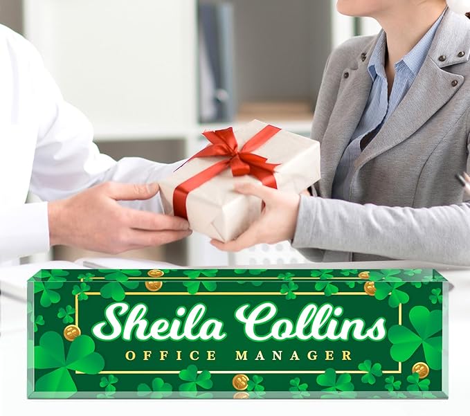 Custom Name Plate for Desk, Employee Appreciation Gifts, Office Decor, Acrylic Desk Name Plate Personalized, Office Desk Accessories, Funny Office Gifts for Coworkers Boss Teacher (Lucky Leaf)