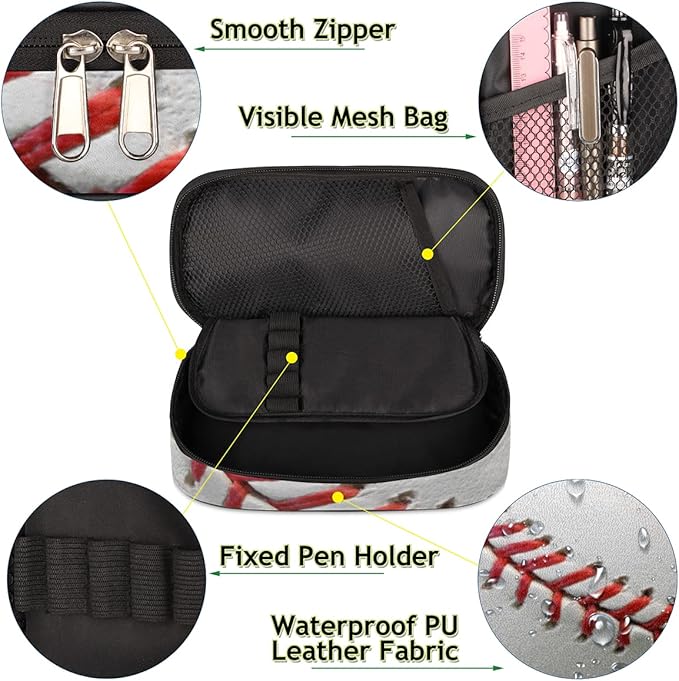 Pardick Baseball Print Big Capacity Pencil Pen Case Sport Large Pencil Pouch with Zipper Compartments Pencil Bag for Boys Girls Adults Student Office School Supplies