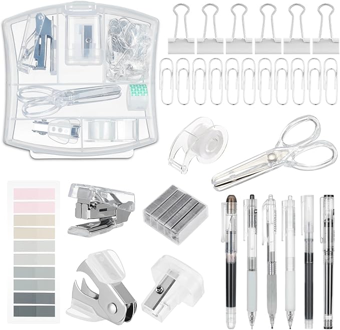 Colarr Mini Office Supply Kit Includes Stapler Tape Dispenser Staple Remover Paper Clips Scissor Staples Pen Sharpener Note Small Telescopic Knife for Office and School Clerk Student (Clear)