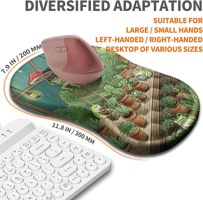 Ergonomic Joint Wrist Support Mouse Pad with Memory Foam Cushion Massage Bump, Carpal Tunnel Pain Relief Mousepad Slope Design for Wrist Rest, 11.8x7.9 in, Cute Frog