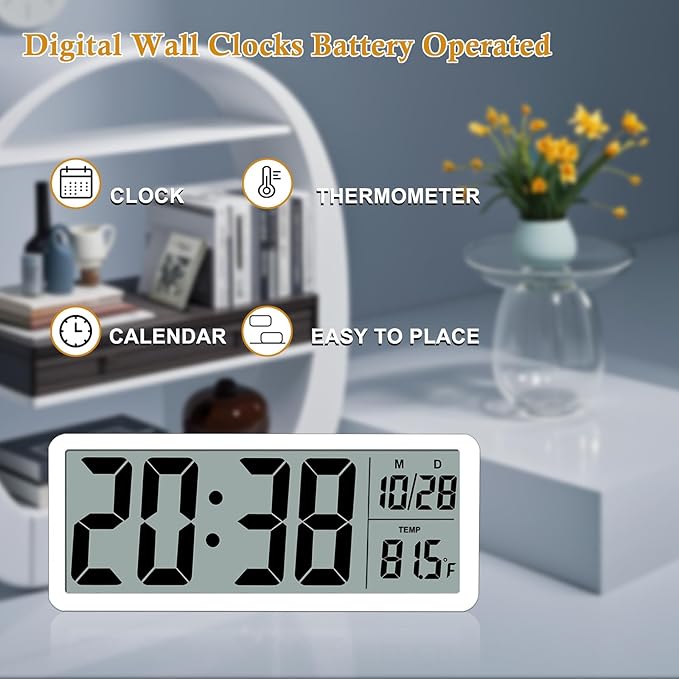 8.5" Modern Digital Wall Clock, Battery Operated, White, Simple LCD Display with Temperature/Date/Time - 12/24H, Small Digital Clock for Bedroom, Living Room Decor