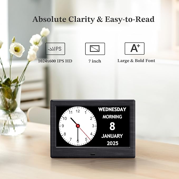 7'' Digital Clocks, 12 Reminders & 6 Alarms, Dementia Clock with Date and Time for Elderly, Auto-Dimming, Button & Remote Control, Auto DST, Digital Calendar for Seniors Large Display, Black Woodgrain