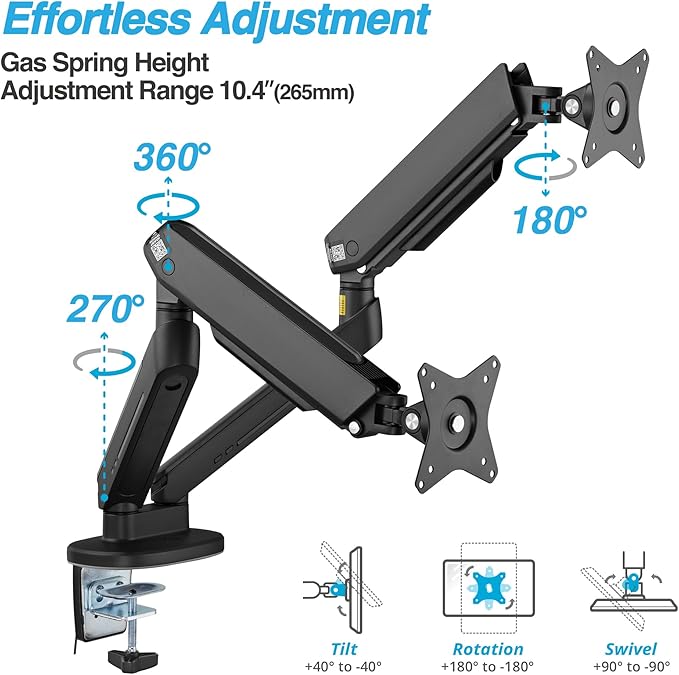 AVLT Dual 27”-43” RGB Gaming Monitor Arm Desk Mount Built-in 20 Lighting Modes Touch Button Control Fits Flat/Curved/Ultrawide Screen Height Swivel Tilt Rotation Adjustable Stand -Black