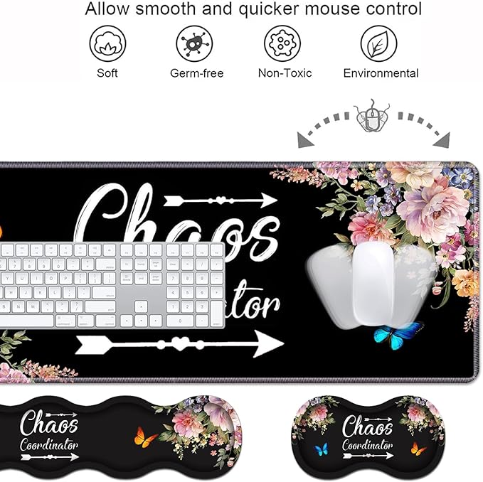 Ergonomic Keyboard Wrist Rest & Mouse Pad Wrist Rest Set, 31.5"x 11.8" Large XXL Gaming Desk Pad Memory Foam Non-Slip Desk Mat for Office & Home, Vintage Watercolor Floral Quote Chaos Coordinator