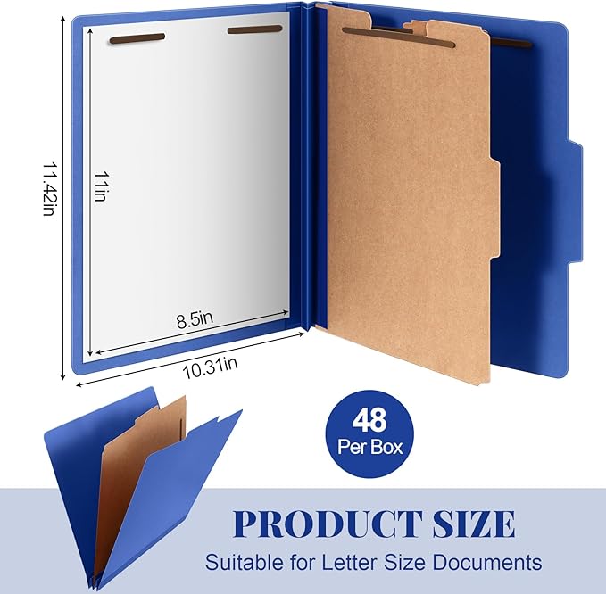 Skyygemm 48 Pcs Classification Folders Letter Size, 1 Divider Pressboard File Folder with Fasteners, Expanding Tax File Organizer Bulk for Teachers, Office, Church, Christmas Donations (Dark Blue)