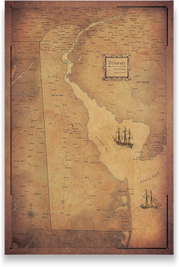 Conquest Maps Push Pin Delaware Map Board - With Push Pins to Mark Delaware Travels - Handmade in Ohio, USA - Design: Golden Aged