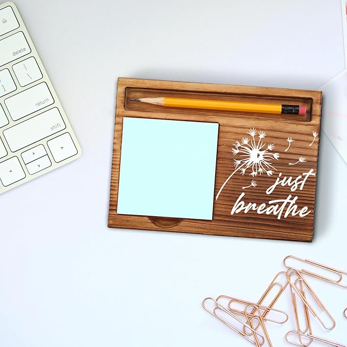Just Breathe Sticky Note Holder, Mindfulness Desk Gift for Women, Teens, Coworkers, Relaxing Wooden Office Decor with Dandelion Design, Inspirational Self Care Note Pad Holder ZSS89