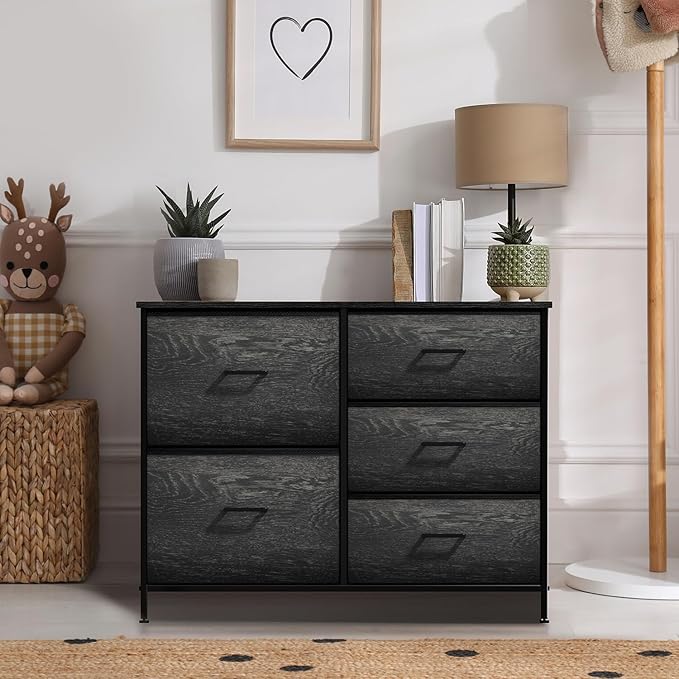Sorbus Dresser with 5 Faux Wood Drawers - Storage Unit Organizer Chest for Clothes - Bedroom, Hallway, Living Room, Closet, & Dorm Furniture - Steel Frame, Wood Top, & Easy Pull Fabric Bins