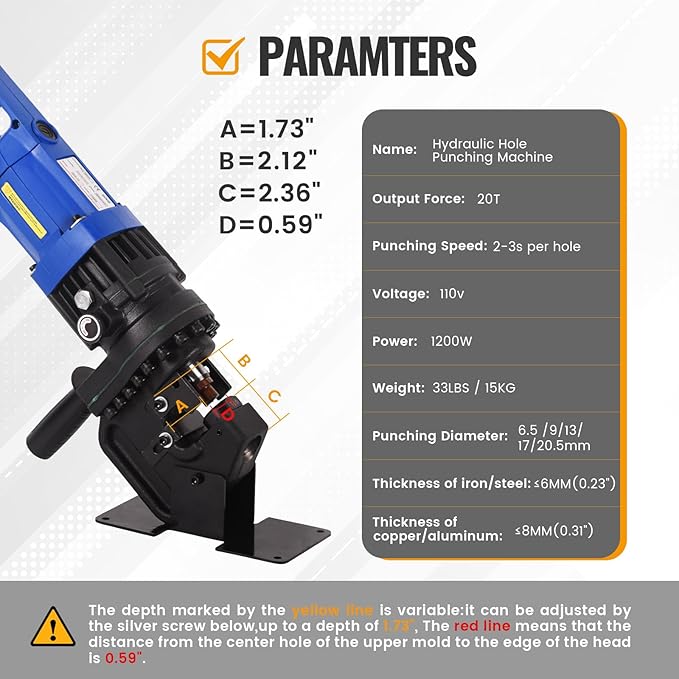 1200W Electric Hydraulic Hole Puncher,1HP Steel Punching Machine Φ1/4"-4/5",Hole Digger Hydraulic Punch with Carbon Brush 5 Dies for Steel Iron Aluminum Plate,Copper,Angle Steel,110V