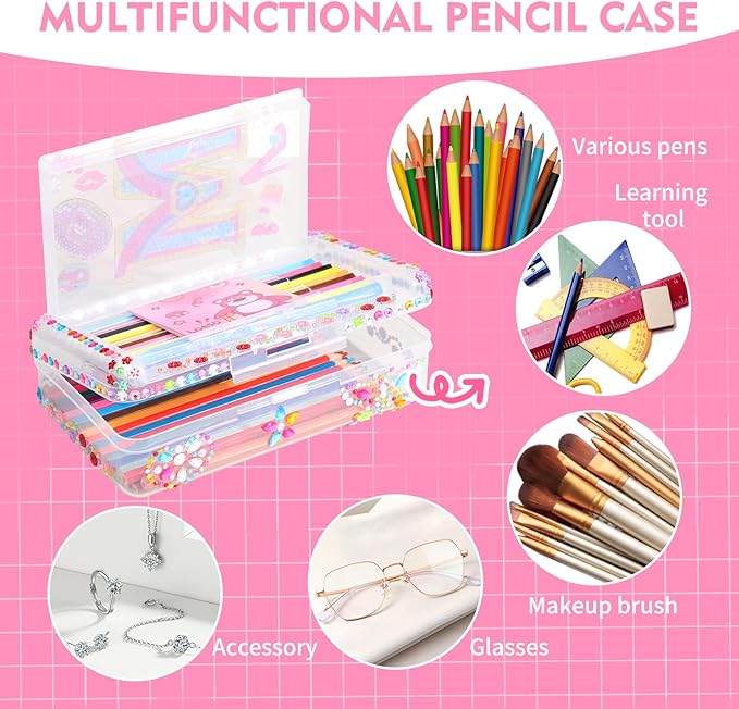 1PCS Clear Pencil Case, Plastic Pencil Box, Large Crayon Box, Craft Organizers and Storage, School Supplies for Boys and Girls with Stickers and Kit (Letter M Set)