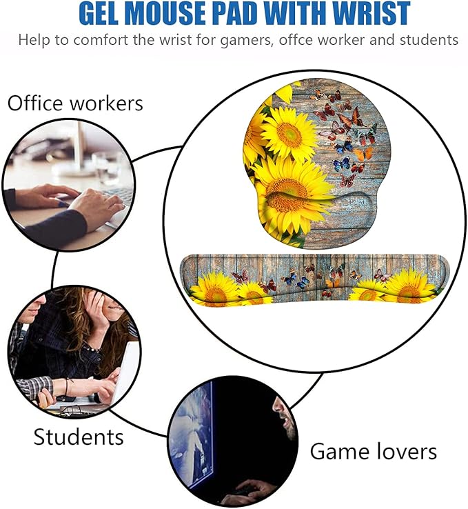 Keyboard Wrist Rest and Mouse Pad Wrist Support Set with Coasters, Sunflower and Butterfly Design Wrist Mouse Pad with Non-Slip PU Base for Computer Laptop Home Office Working Studying Easy Typing