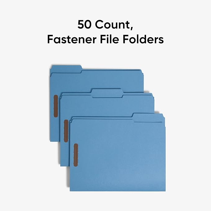 Smead Fastener File Folders, Reinforced 1/3-Cut Tabs, 2 Fasteners, Letter Size, Blue, 50 per Box (12040)
