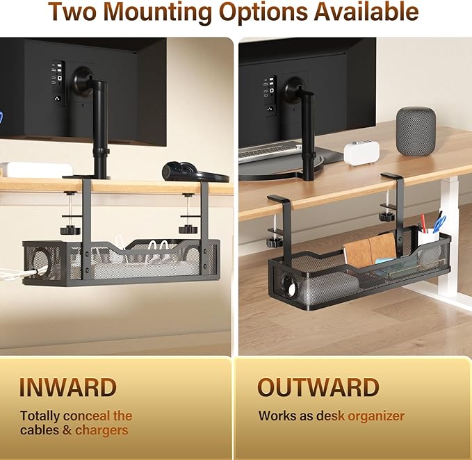 [Upgraded] 2 Pack Under Desk Cable Management Tray, Cinati Cord Organizers for Table Thickness up to 3", 16" Wire Organization with Clamp No Drill, Cable Management Box for Office - No Damage to Desk