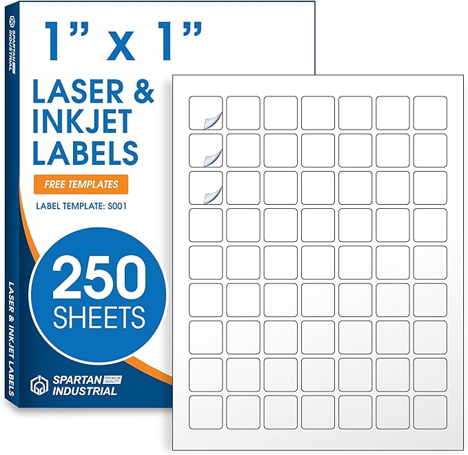 1" X 1" Square Printable Labels for Inkjet and Laser Printers - 250 Sheets, 15750 Matte White Custom Labels for Price Tags, QR Code Stickers, and Barcodes - Spartan Industrial Template S001