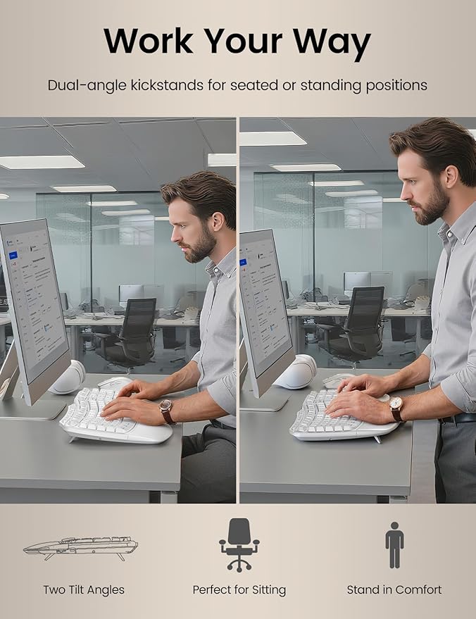 White Ergonomic Wireless Keyboard and Mouse Combo, 2.4G Full Size Ergo Wave Key Board with Cushioned Plam Rest, Natural Typing, 3 DPI Adjustable Silent Mouse for Computer/Laptop/Windows/Mac - Sablute