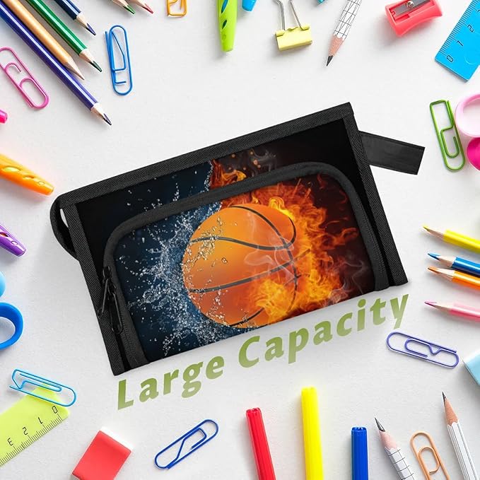 Pardick Large Capacity Pencil Case Pouch, Basketball Ball Portable Zipper Pencil Cases Pencil Bag Office Stationery Bag Makeup Bag Desk Organizer for Women Men