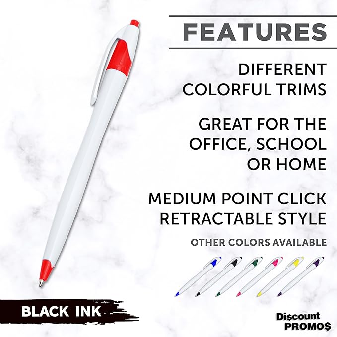 DISCOUNT PROMOS Slim Curvy Ballpoint Pens Set of 10, Bulk Pack - Black Ink, Retractable, Great for Office, School, Tradeshows - Red