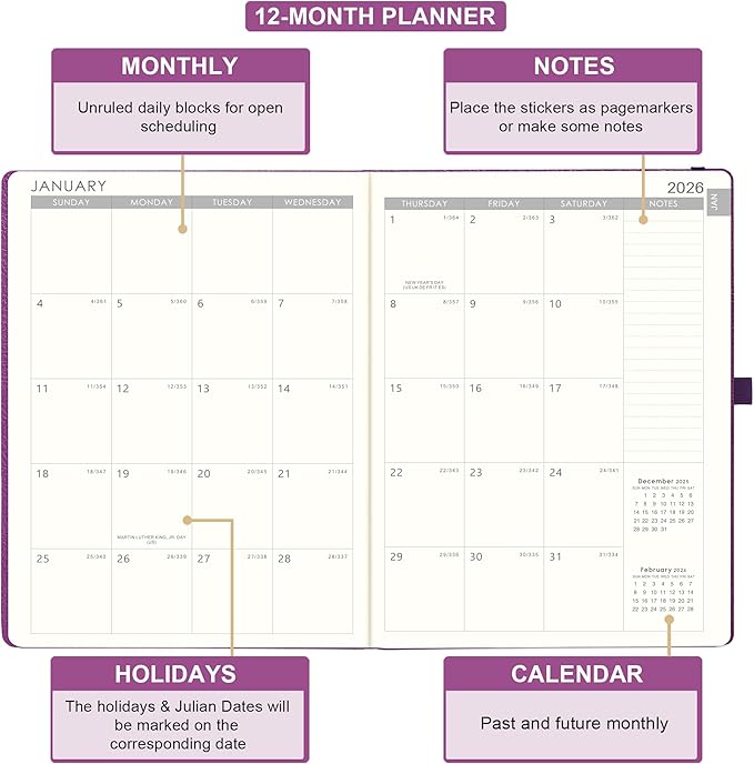 2026 Planner - JAN 2026 - DEC 2026, Planner 2026, Weekly and Monthly planner, 8.5" x 11", Leather Cover Planners with Thick Paper, Back Pocket with Notes Pages, Purple