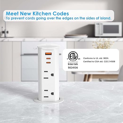 ANNQUAN 2 inch Space Saver Pop Up Outlet for Countertop with PD20W USB Ports,2 Outlets Tamper Resistant,Splashproof Pop Up Socket,Desk Power Grommet for Home Office Kitchen White (ETL Listed)