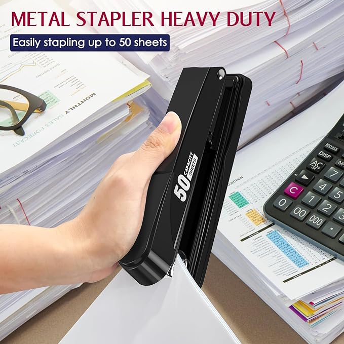 Metal Stapler Heavy Duty 50 Sheet Capacity with 1750 Staples and Staple Remover, Full Strip Staplers for Desk, No Jam, Non-Slip for Office & Classroom, Black