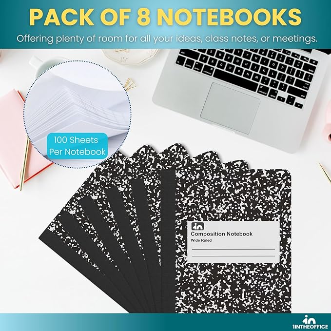 1InTheOffice Wide Ruled Composition Notebook 7.5" x 9.75", Wide Ruled Paper, 100 Sheets, White/Black, (8/Pack)