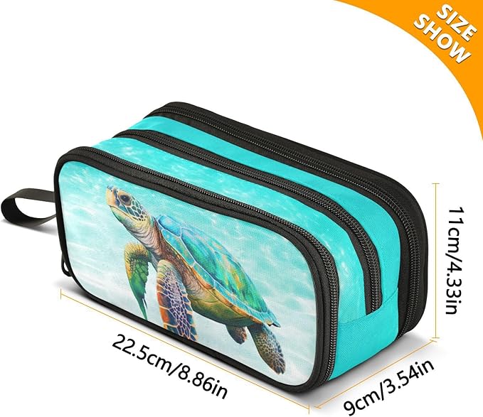 Sea Turtle Teal Pencil Case Box Boys Girls Large Pencil Pouch with Zipper Compartments Big Capacity Stationery Pen Bag Organizer for Kids Teens Adults School Office