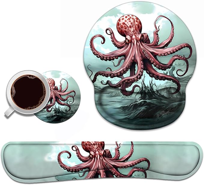 Keyboard Wrist Rest and Mouse Pad Wrist Support Set with Coasters, Non-Slip PU Base Ergonomic Gaming Mousepad for Home Office Working Studying Easy Typing & Pain Relief - Red Octopus