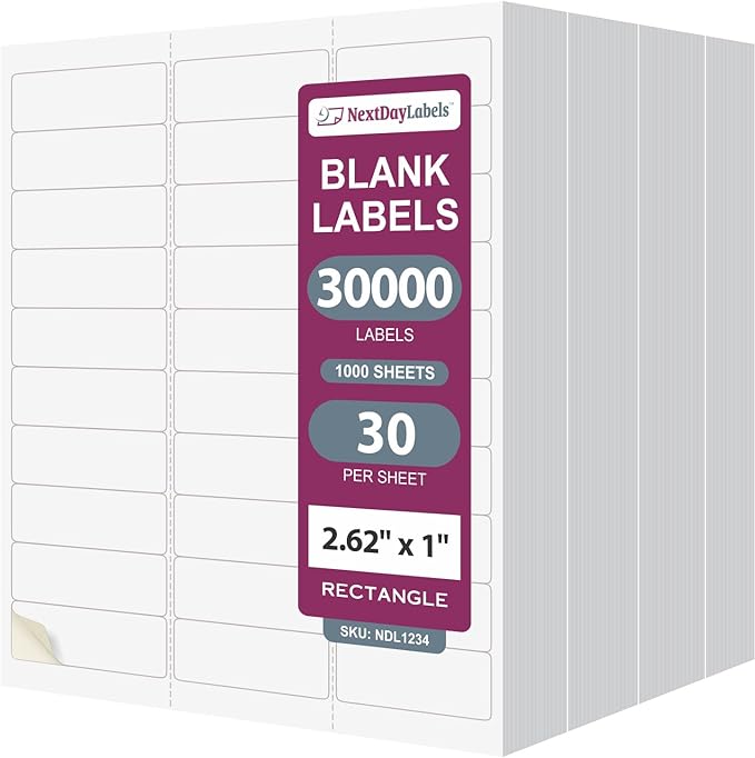 NextDayLabels 2.63x1 Inch Rectangle Stickers White Blank Labels for Laser Inkjet Printer - 30 Per Sheet Self-Adhesive Address Mailing Name Tags Made in USA - 30,000 Labels