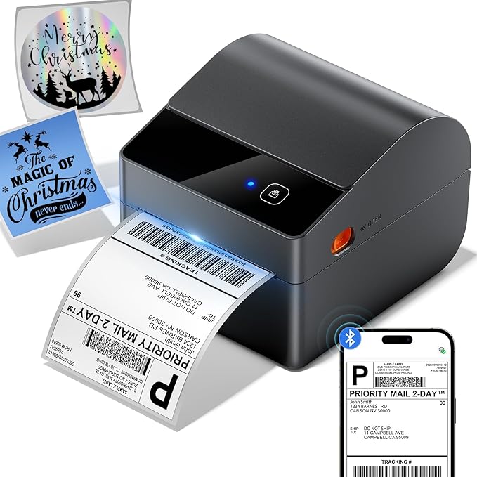 ASprink Bluetooth Shipping Label Printer 4x6, 2025 Upgraded Thermal Label Printer with Built-in Paper Bin, Thermal Printers for Small Business & Shipping Packages, Compatible with Amazon, Tiktok, USPS