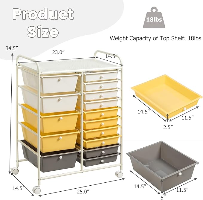 ARLIME 15-Drawer Storage Cart, 15 Drawer Trolley, Rolling Organizer Cart, Scrapbook Paper Organizer, Suitable for Office and School, Rolling Office Storage Tools (Yellow&White&Grey)