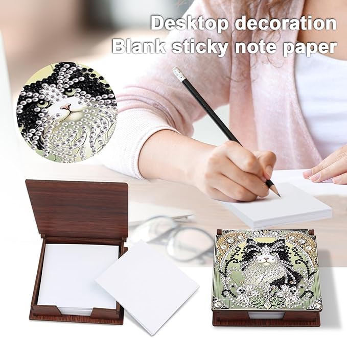 Wooden DIY Black White Cat Diamond Art Notecard Box – DIY Gem Art Sticky Note Holder for Adults 160 Sheets Memo Pad Storage