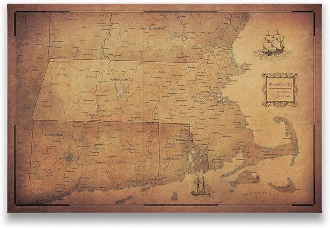 Conquest Maps Push Pin Massachusetts Map Board - With Push Pins to Mark Massachusetts Travels - Handmade in Ohio, USA - Design: Golden Aged