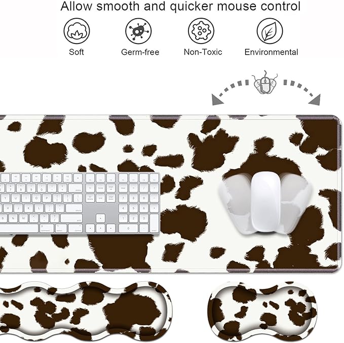 Ergonomic Keyboard Wrist Rest & Mouse Pad Wrist Rest Set, Large XXL Gaming Desk Mat 31.5"x 11.8" with Memory Foam, Easy Typing Pain Relief for Office & Home, Cow Print