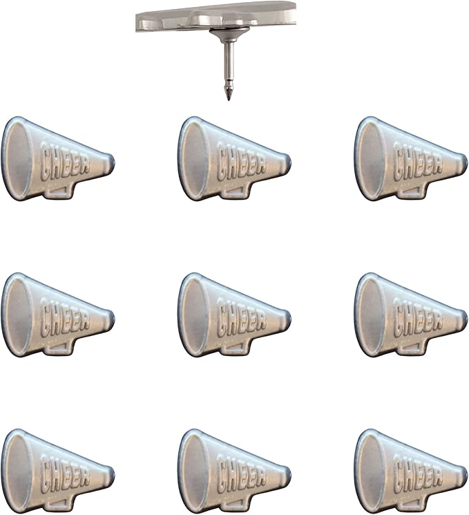 Cheer Megaphone Push Pins - Silver Cheerleading Megaphone Pins for Cork Boards, Maps, or Lapel Use - Designed in USA - Set of 10