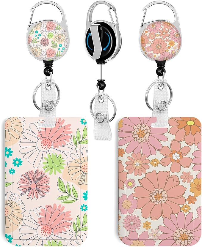 2 Pack Flower ID Badge Holder with Heavy Duty Retractable Reel Keychain for WomenStudents,Teachers, Nurses, Office Use 5