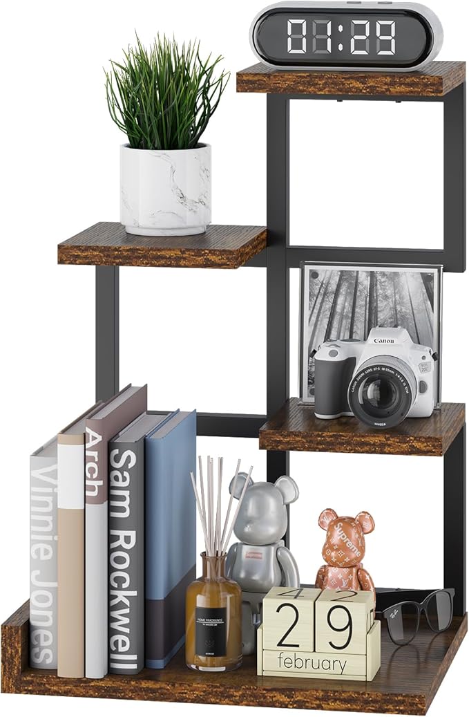YMYNY Desktop Shelf Organizer, 4 Tier Storage Display Rack, Desk Shelf Organizer Small Bookshelf with Metal Frame for Office, Books, Plants, 12.2" x 9.45" x 17.52", Rustic Brown Black UHSR007H