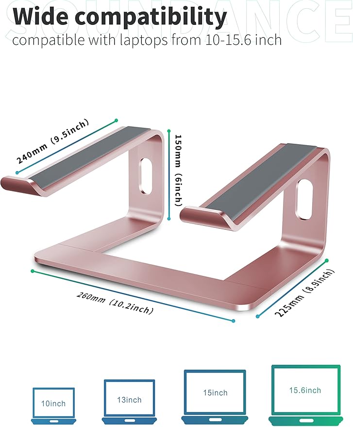 SOUNDANCE Laptop Stand, Aluminum Computer Riser, Ergonomic Laptops Elevator for Desk, Metal Holder Compatible with 10 to 15.6 Inches Notebook Computer, Gold Pink