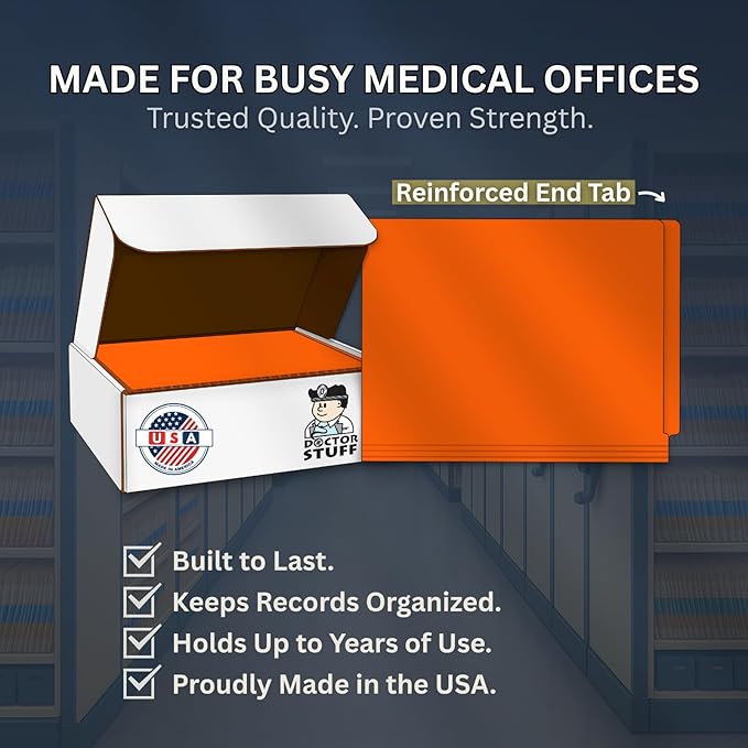 Orange File Folders, USA Made, Doctor Stuff, One 2" Bonded Fastener Top Right Position 1, Durable 11pt, Reinforced End Tab File Folders with Prong, Medical Chart/Patient Chart, 50/Box
