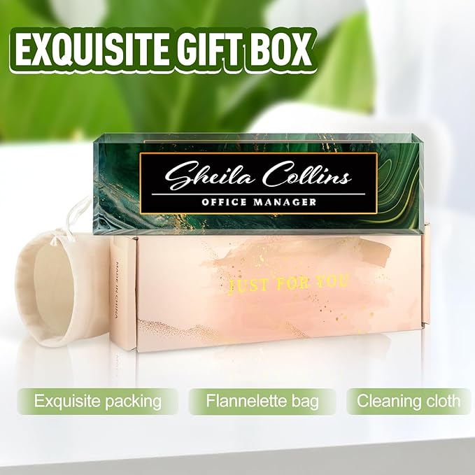 Custom Acrylic Name Plate for Desk, Employee Appreciation Gifts, Office Decor, Personalized, Funny Office Gifts for Coworkers Boss Teacher (Green/Gold)