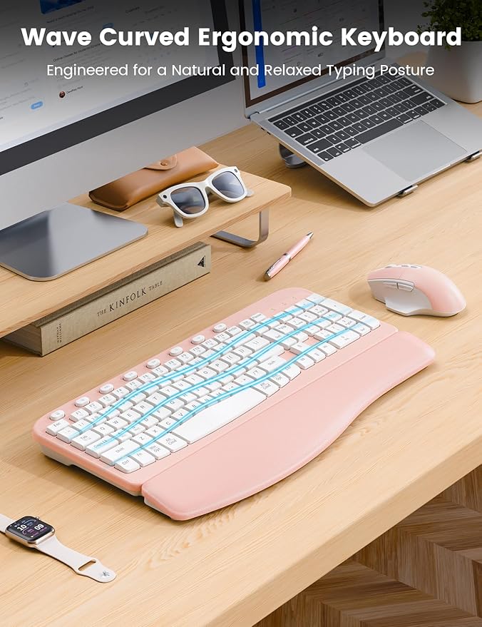 SABLUTE Wireless Keyboard and Mouse Combo, Ergonomic Wave Keys, Cushioned Plam Rest, Comfortable Silent Natural Typing, 2.4G Lag-Free, Full Size Keyboards Cordless Set for Multi-OS, Windows/Mac, Pink