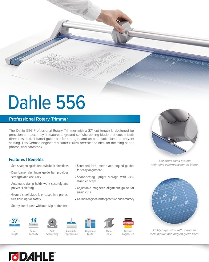 Dahle 556 Professional Rotary Trimmer, 37" Cut Length, 14 Sheet Capacity, Self-Sharpening, Dual Guide Bar, Automatic Clamp, German Engineered Paper Cutter