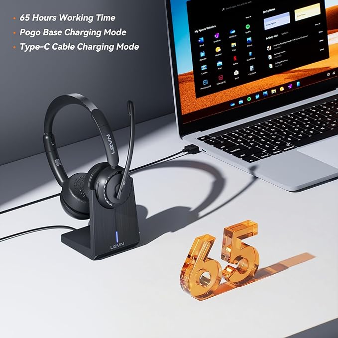 LEVN Wireless Headset, Wireless Headset with Mic for Work, AI Noise Cancelling, 65 Hrs Working Time, Bluetooth Headphones with Microphone from Computer/Call Center/Teams