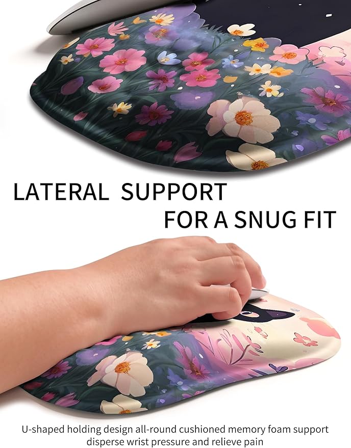 Hokafenle Ergonomic Wrist-Hugging Mouse Pad Wrist Support, U-Shaped Holding Wrist Rest Mousepad for Carpal Tunnel Pain Relief with Cushioned Memory Foam Slope Massage Bulge (10.2x8.3 in,Flower Cat)